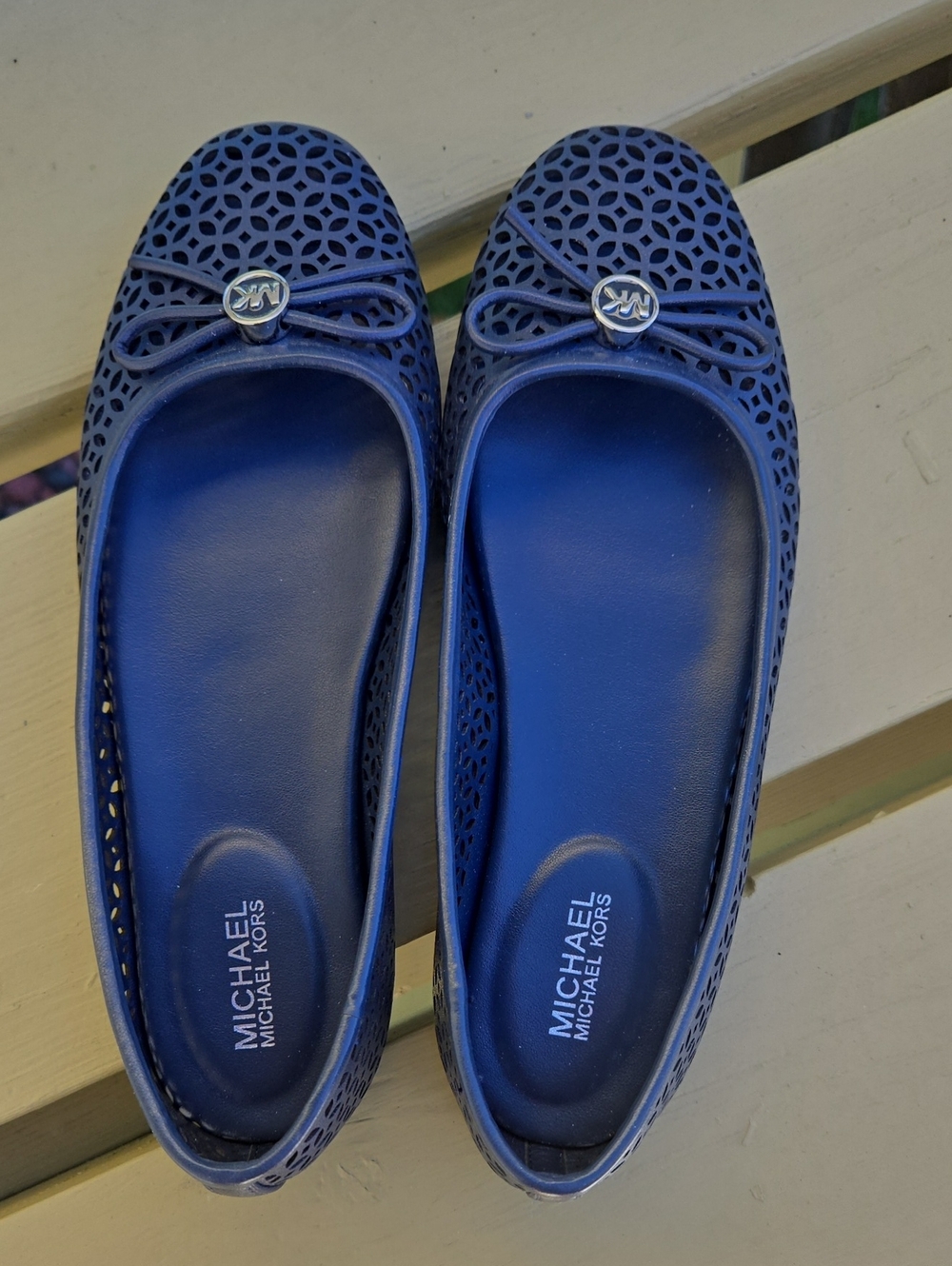 Michael Kors Navy Laser-Cut Ballet Flats with Bow & MK Emblem